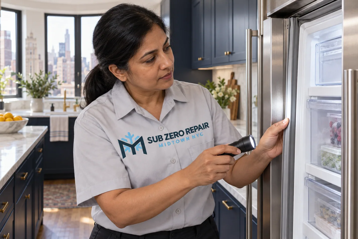 Illustrative technician in a Sub Zero Repair Midtown NYC logo uniform: Viking Freezer Repair in Midtown Manhattan