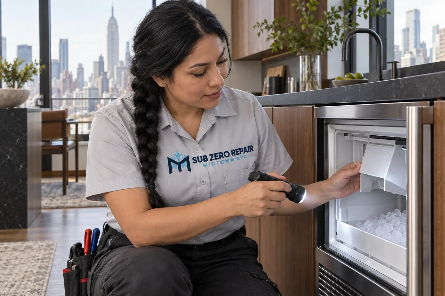 Illustrative technician in a Sub Zero Repair Midtown NYC logo uniform: Viking Ice Maker Repair in Midtown Manhattan
