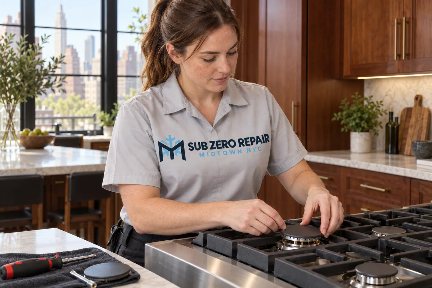 Illustrative technician in a Sub Zero Repair Midtown NYC logo uniform: Wolf Range Repair in Midtown Manhattan